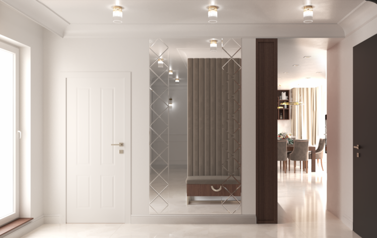 Lustro z pikowaniami lustrzanymi wykonane na zamówienie – apartament 90 m², SM STUDIO.